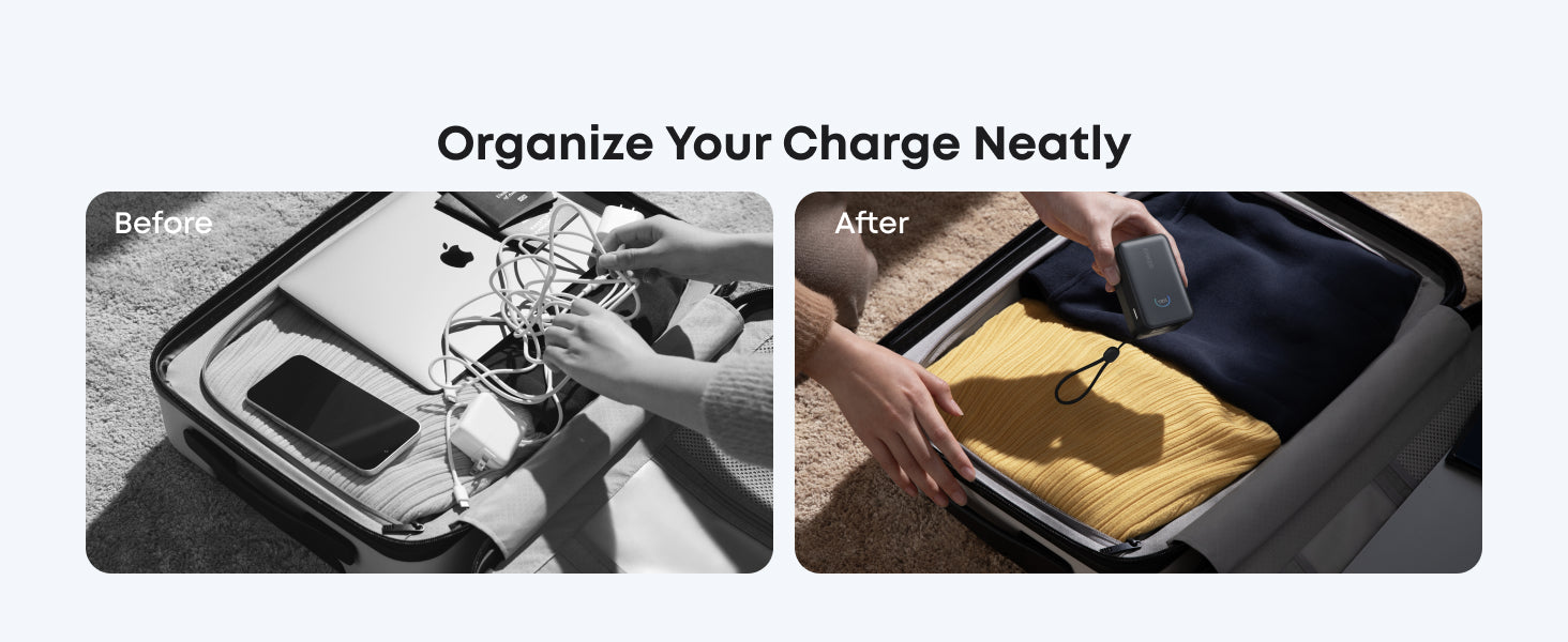 Before and after comparison of organizing electronic devices in a suitcase.