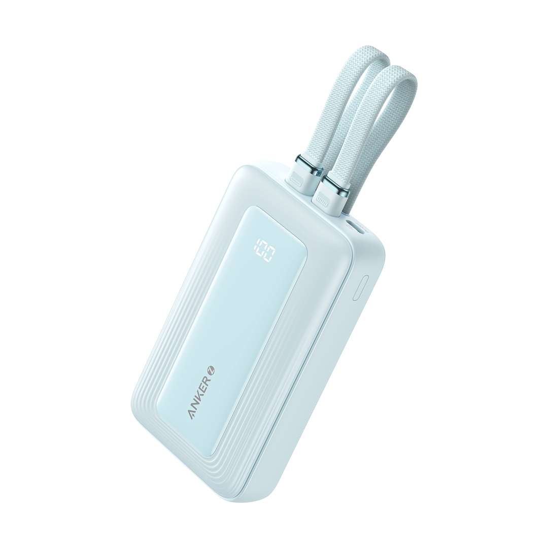 Light blue zolo power bank with 2 built in usb-c cable on a white background