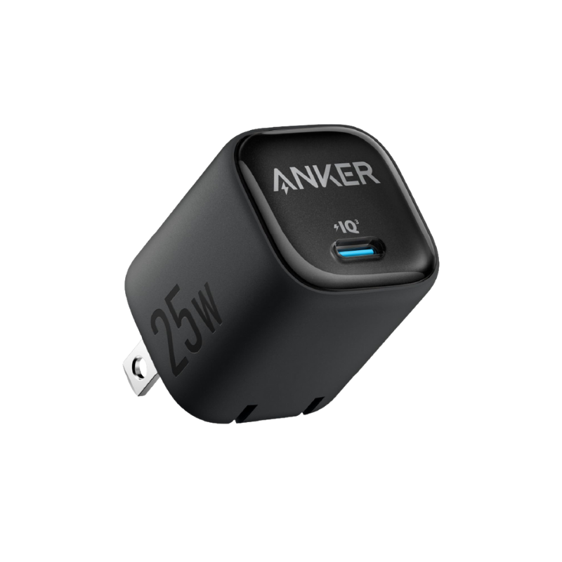 Black Anker charger with USB-C port on a white background