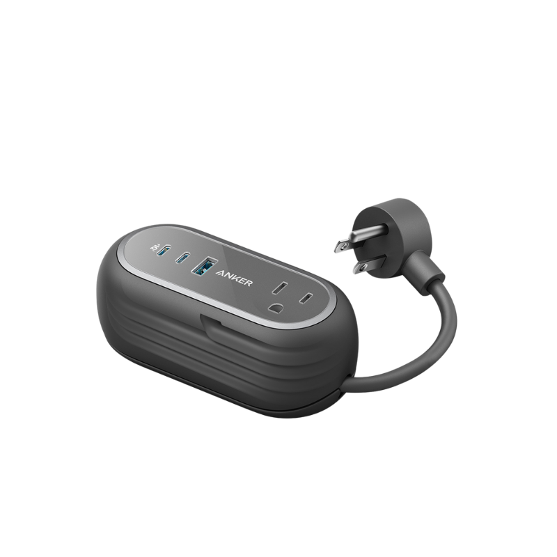 Anker power strip with multiple outlets and USB ports on a white background