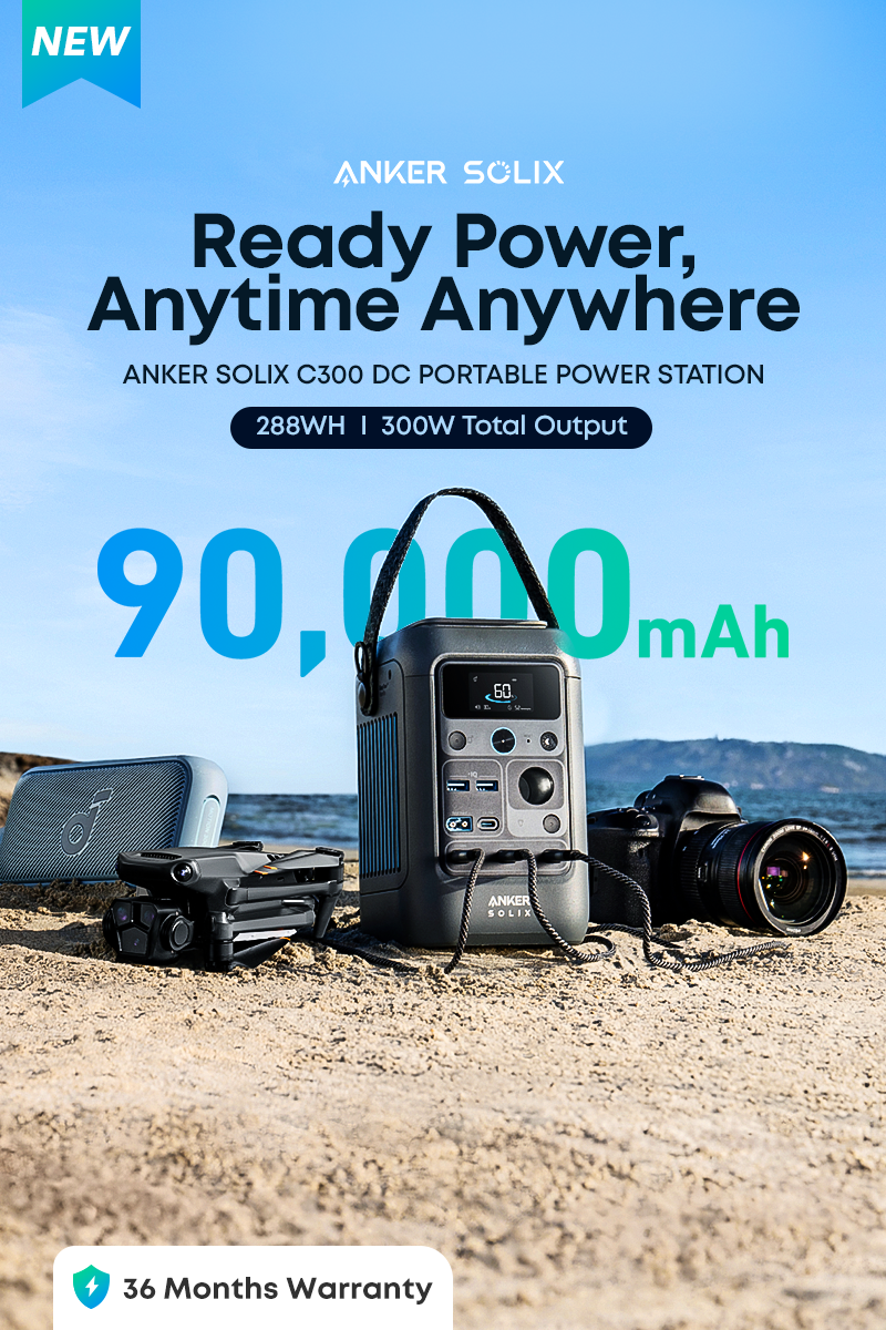 Anker Solix portable power station with 90,000mAh capacity on a beach background