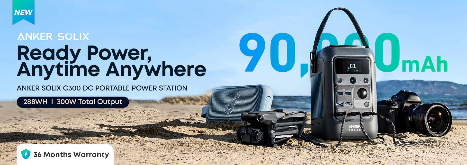 Anker SLUX portable power station with 90,000mAh capacity on a beach background