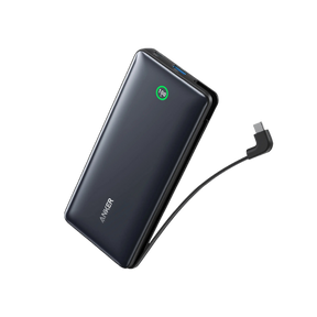 Black power bank with cable on a white background