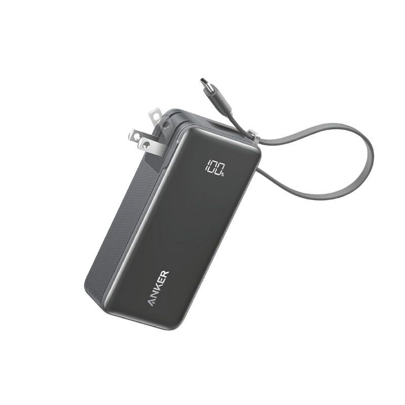 Anker power bank with charging cable on a white background