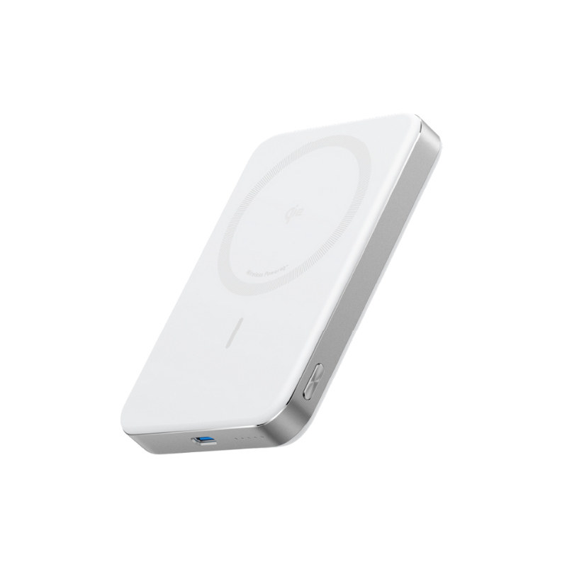 White electronic device with a blue light on a white background
