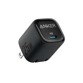 Black Anker charger with USB-C port on a white background