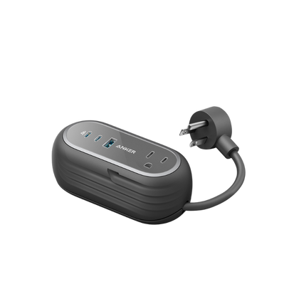 Anker power strip with multiple outlets and USB ports on a white background