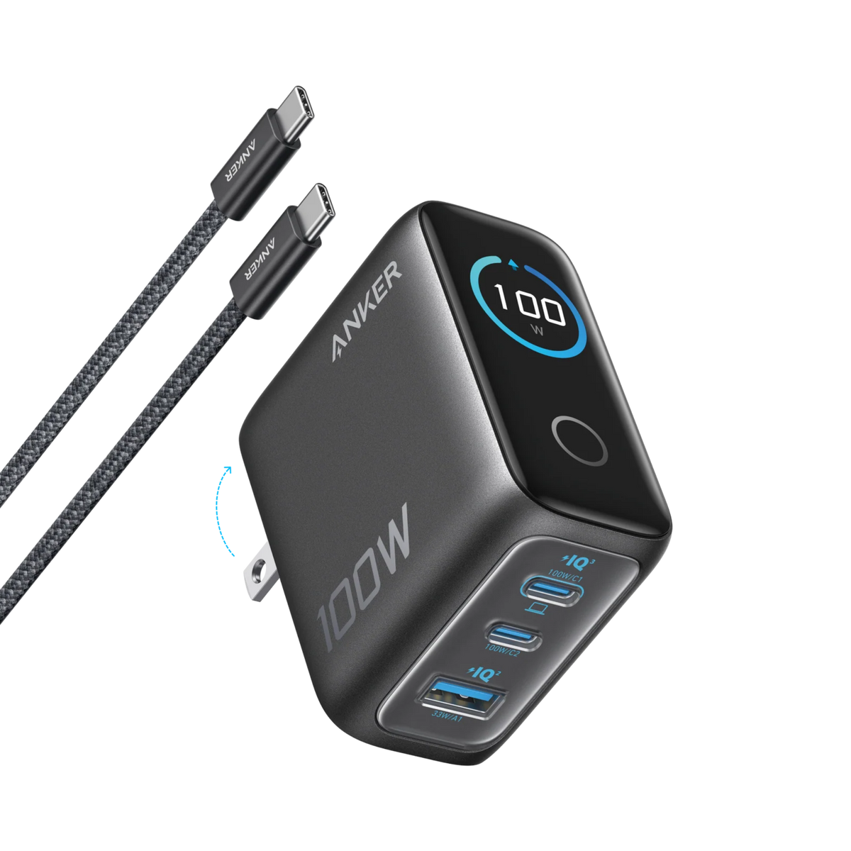 Anker Charger 100W (3 Ports, Smart Display) Black