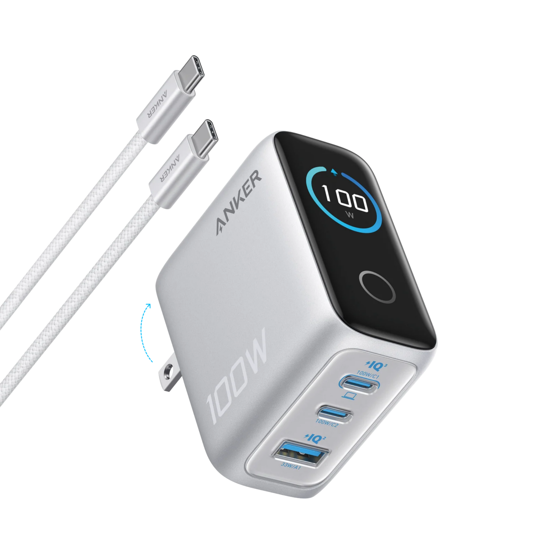 Anker Charger 100W (3 Ports, Smart Display) White