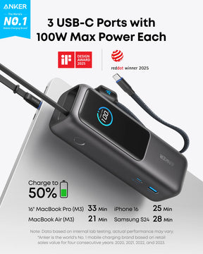 Anker 165W Laptop Power Bank 25000mAh with dual built-in USB-C cables