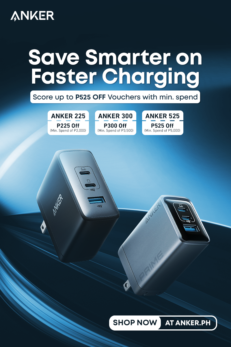 Anker advertisement with two power adapters on a dark background, featuring promotional text and Anker branding.