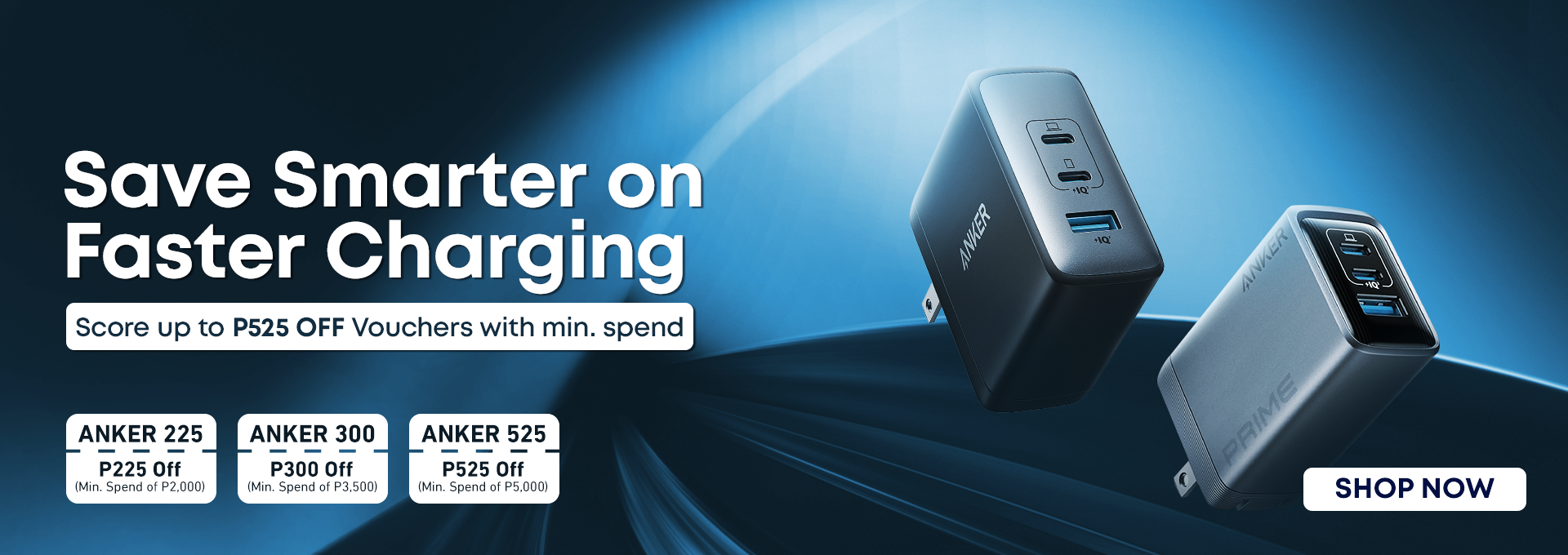 Advertisement for Anker chargers with promotional text on a blue gradient background