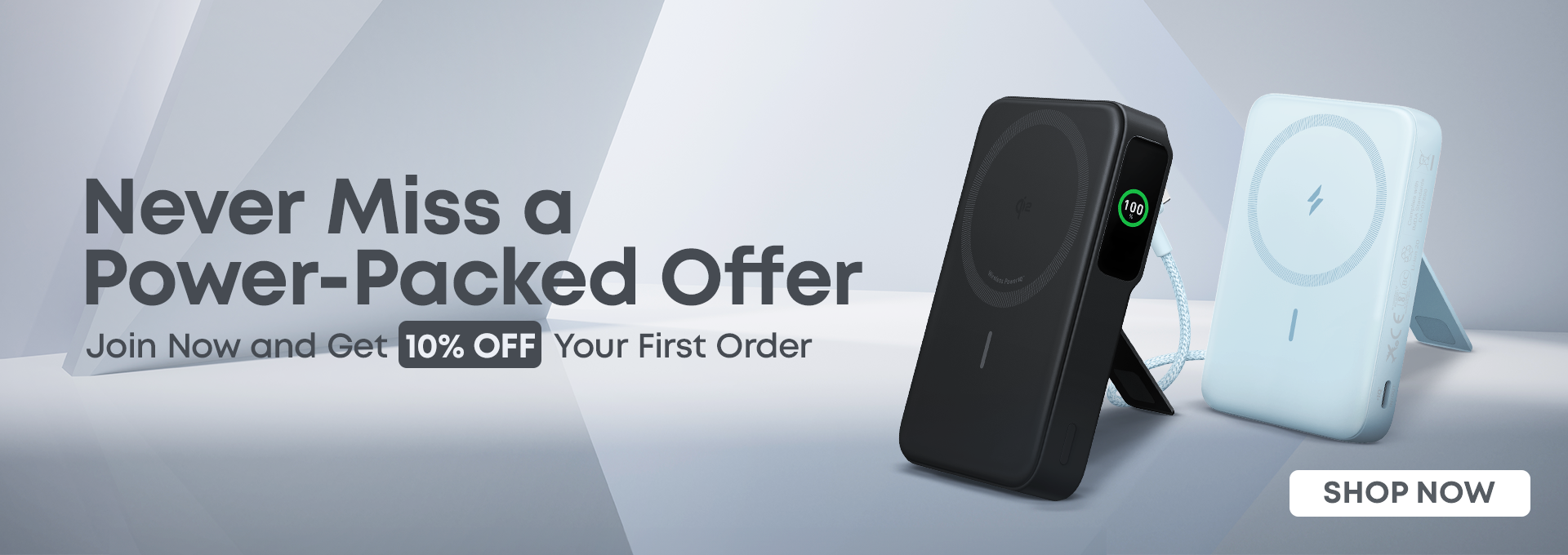Power bank and charging stand with promotional text on a light gray background