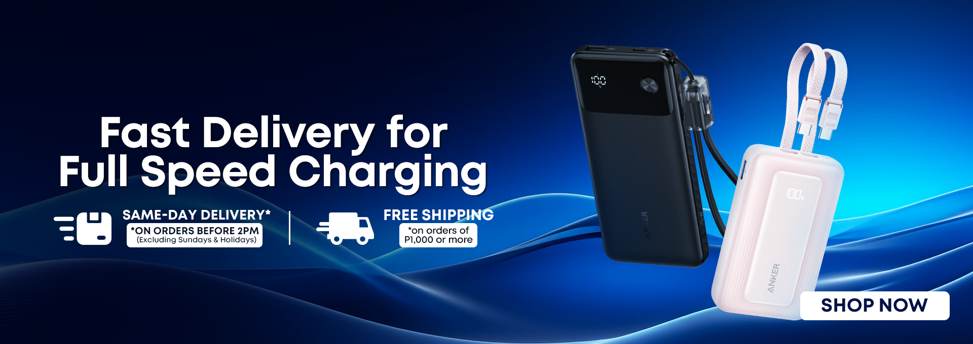 Charging device with text on fast delivery and free shipping on a blue background