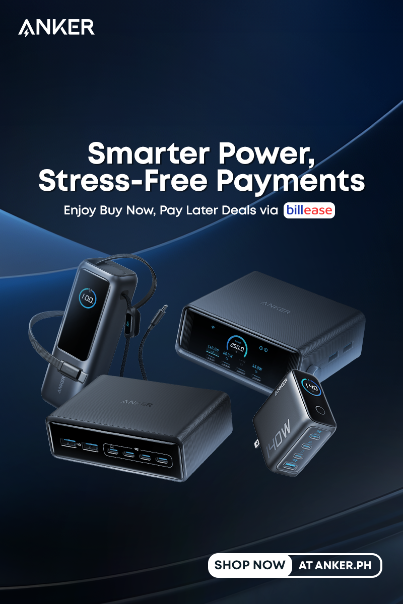 Anker advertisement with electronic devices on a dark blue background