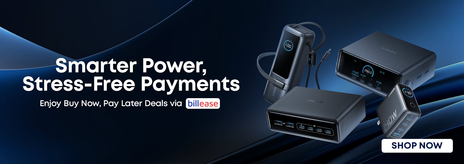 Advertisement for 'Smarter Power, Stress-Free Payments' with electronic devices on a dark blue background.