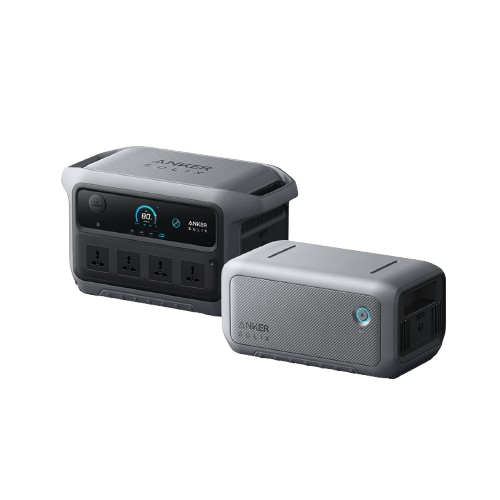 Two Anker Solix portable power stations shown on a plain white background: one 1× Anker SOLIX C2000 Gen 2 Portable Power Station, and 1× Anker SOLIX BP2000 Expansion Battery.